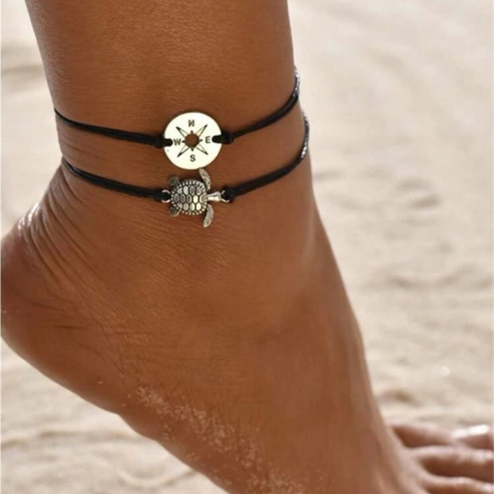 Black & Silver Turtle Compass 2pc Anklet Set
